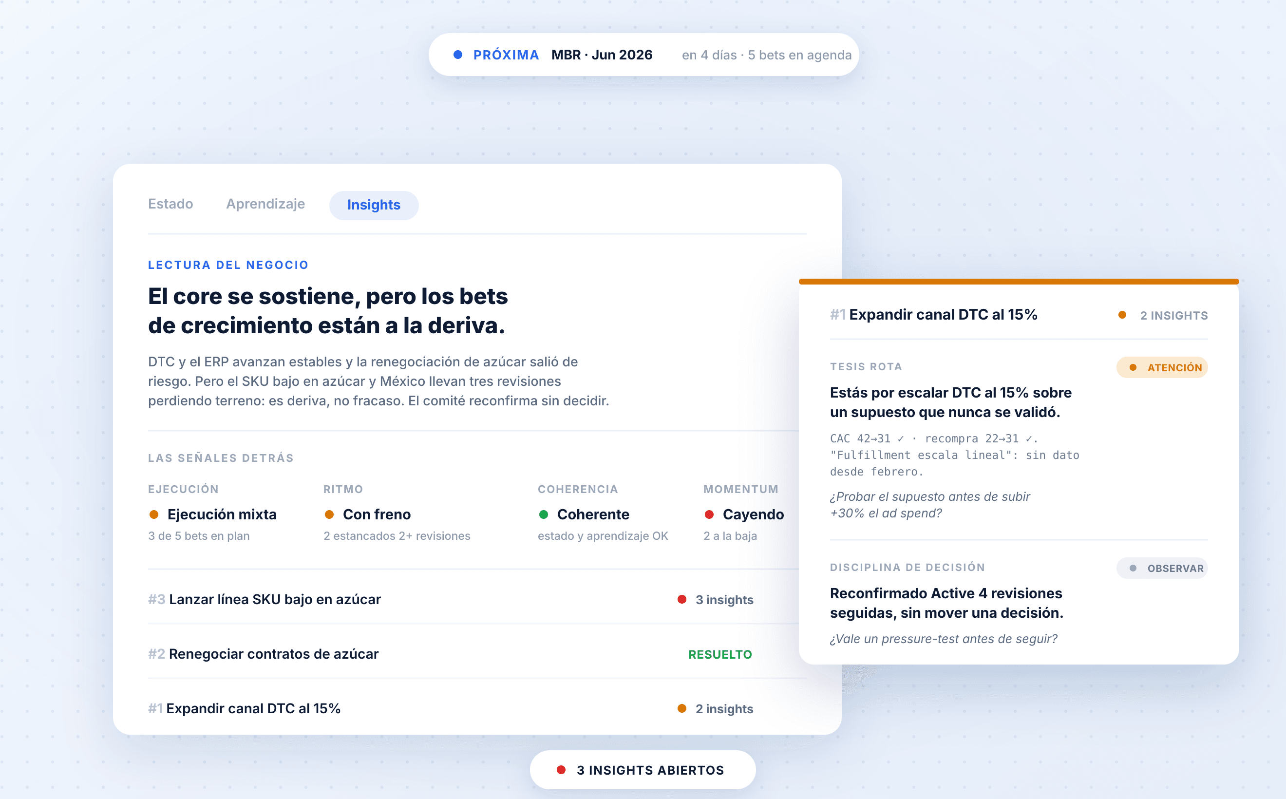 Insights de Trax sobre cada bet — puntos ciegos tipados con su nivel de prioridad y evidencia
